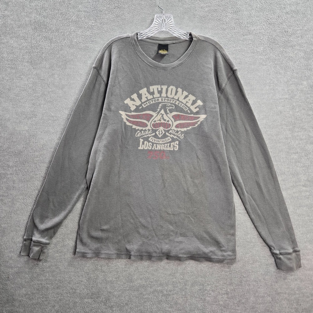 VINTAGE Lucky Brand Men Shirt XL Gray Thermal National Motor Sport Club 90s READ